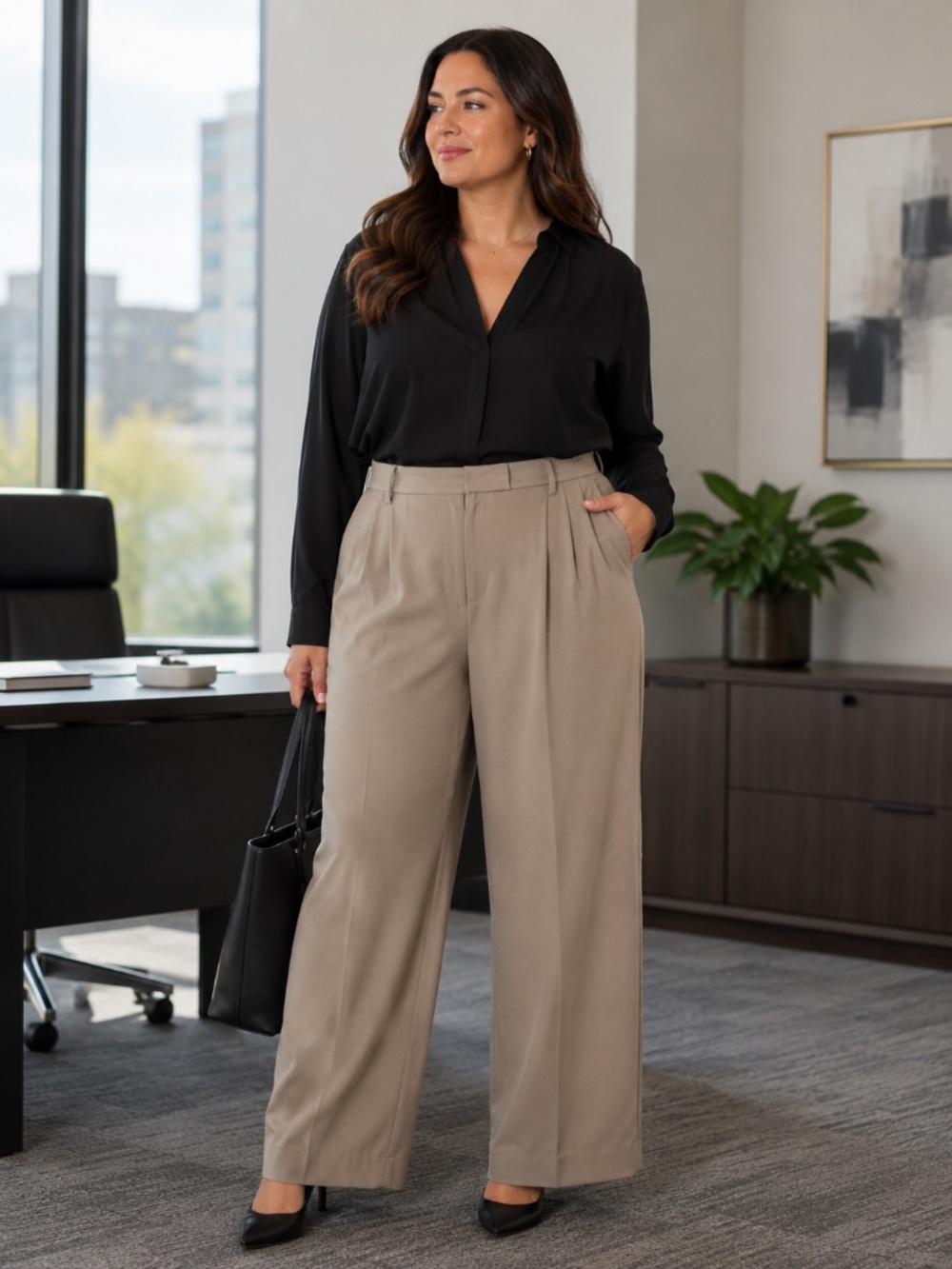 Ellen Tracy 100% Silk Wide Leg Pleated Pants Tan Size 12 Career